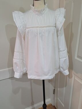 Jade Melody Tam White Ruffle Lace-Trim Blouse - Small